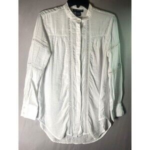 18 Centimeters Blouse Womens M White Trimmed Long Sleeve Band Collar Button Top